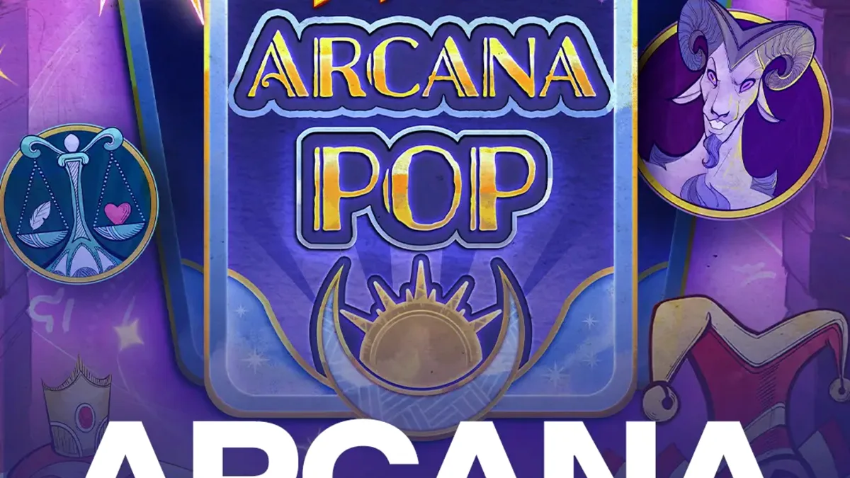 Tampilan visual mistis dan penuh warna dari slot Arcana Pop dengan elemen tarot.