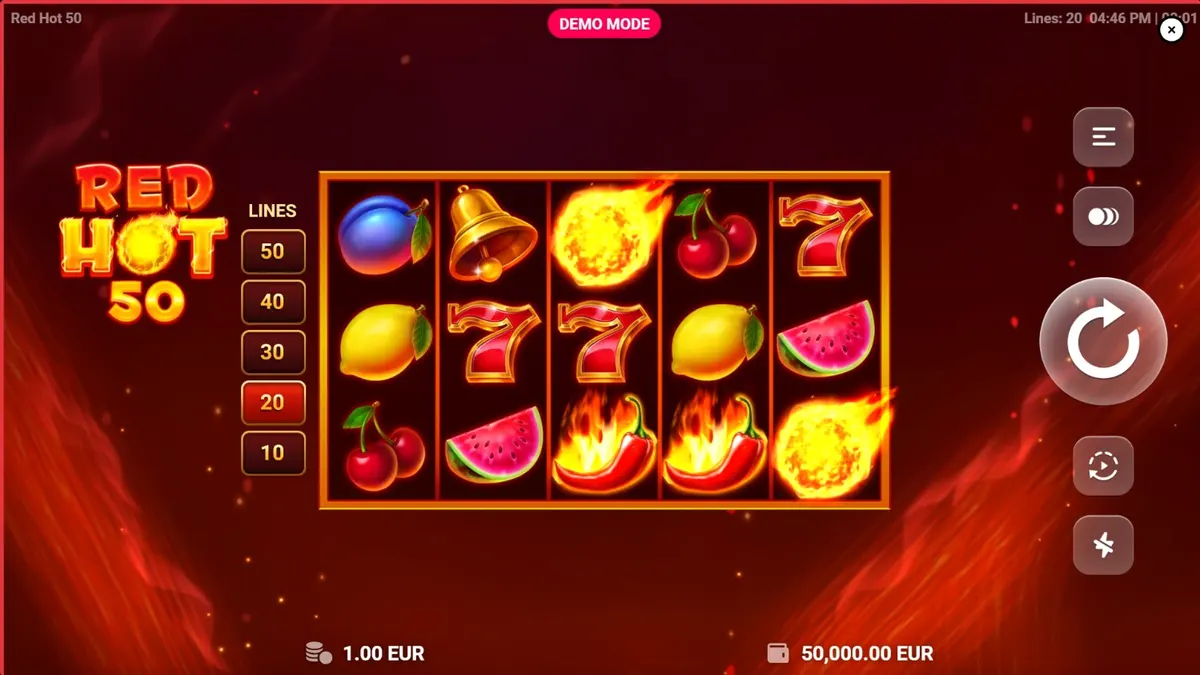 Tampilan visual slot Red Hot 50 dengan tema buah dan api